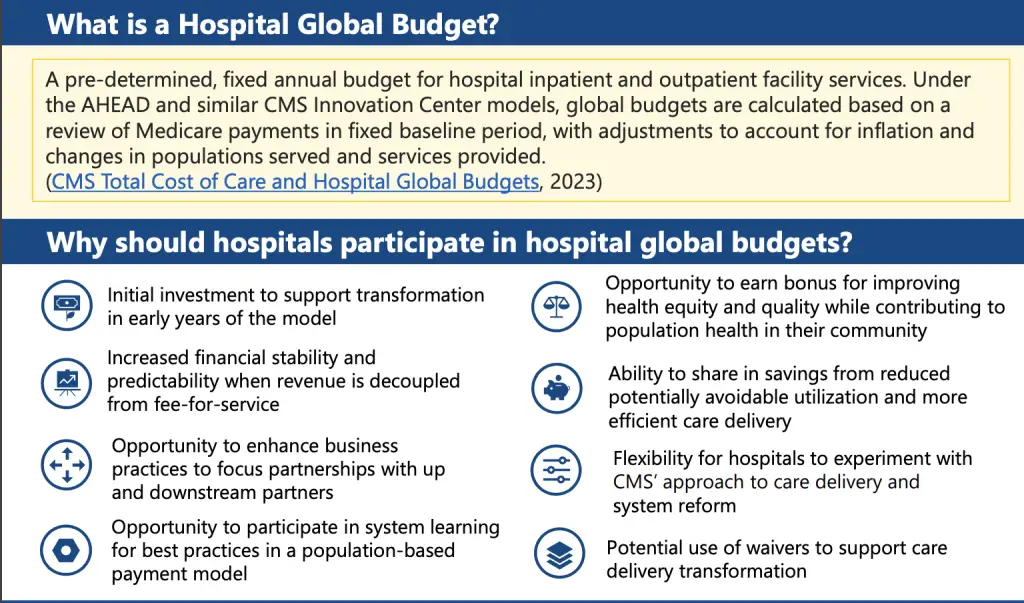 This is a screenshot taken from the CMS website discussing the hospital global budgets section of AHEAD. 